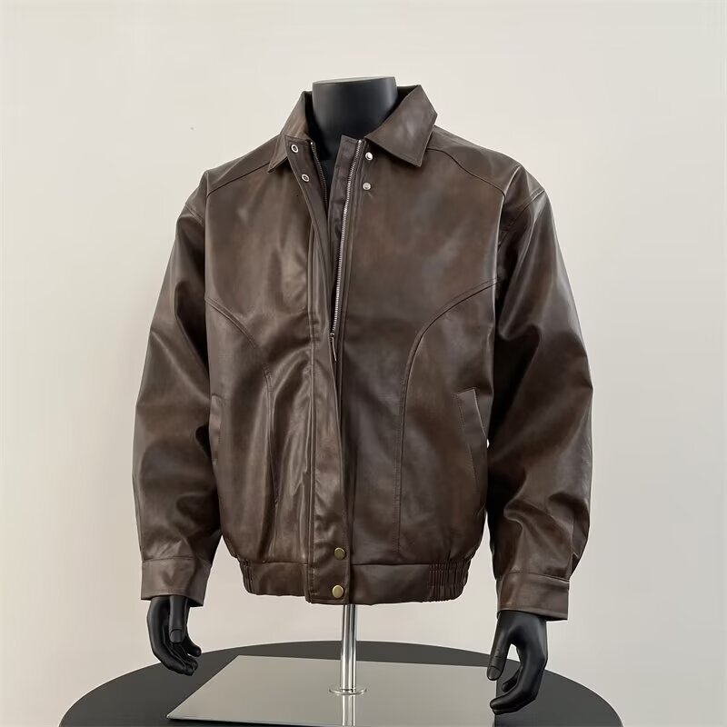 New Versatile PU Leather Jacket American Style Trendy Brand Designer Jacket Leather Coat For Men Spring And Autumn High-end Trendy Turn-down Collar Ja