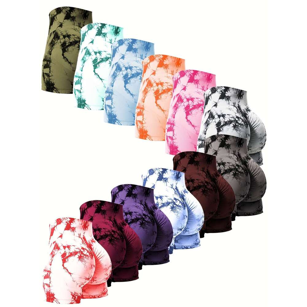 12 Pcs Tie-Dye Drawstring Hip Lifting High Waisted Yoga Fiess Seamless Buttless Biker Shorts, Women's Sportswear
