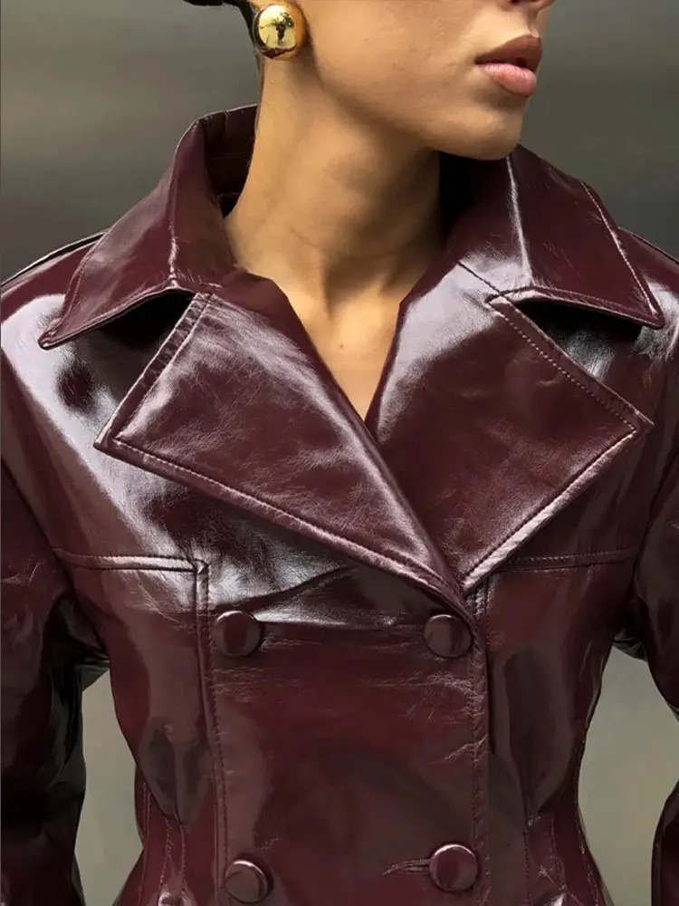 Retro Leather Blazers Short Skirts Suit Womens Stylish Lapel Doublebreasted Jackets 2025 Autumn Winter Ladies Streetwear 251029