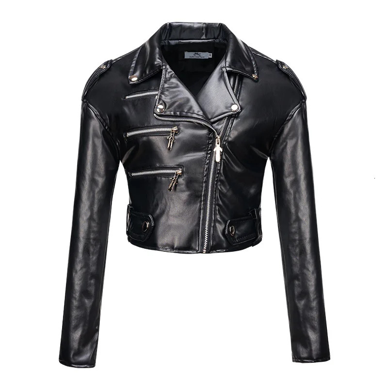 Women slim short leather jacket plus cotton high waist long sleeve lapel diagonal zipper leather jacket pu motorcycle suit 251029