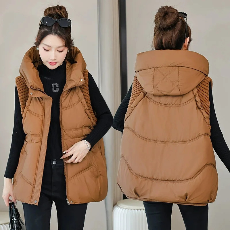 Winter Down Cotton Vest Jacket Women Sleevele Hooded Parkas Warm Coat Female Waistcoat Overcoat Ladies Tops 251027
