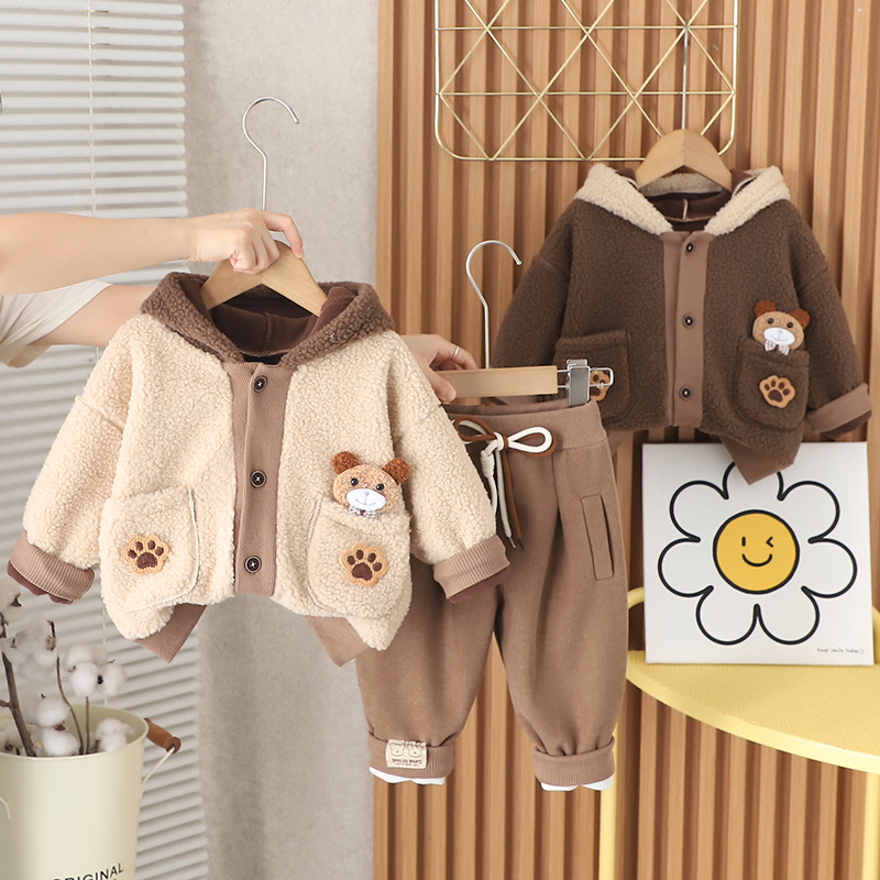 Free Shipping 2025 New Winter Clothes for Babies, Fleece Lined Bear Hooded Set with Scarf, Warm Jacket Pants for Outdoor Daily Wear