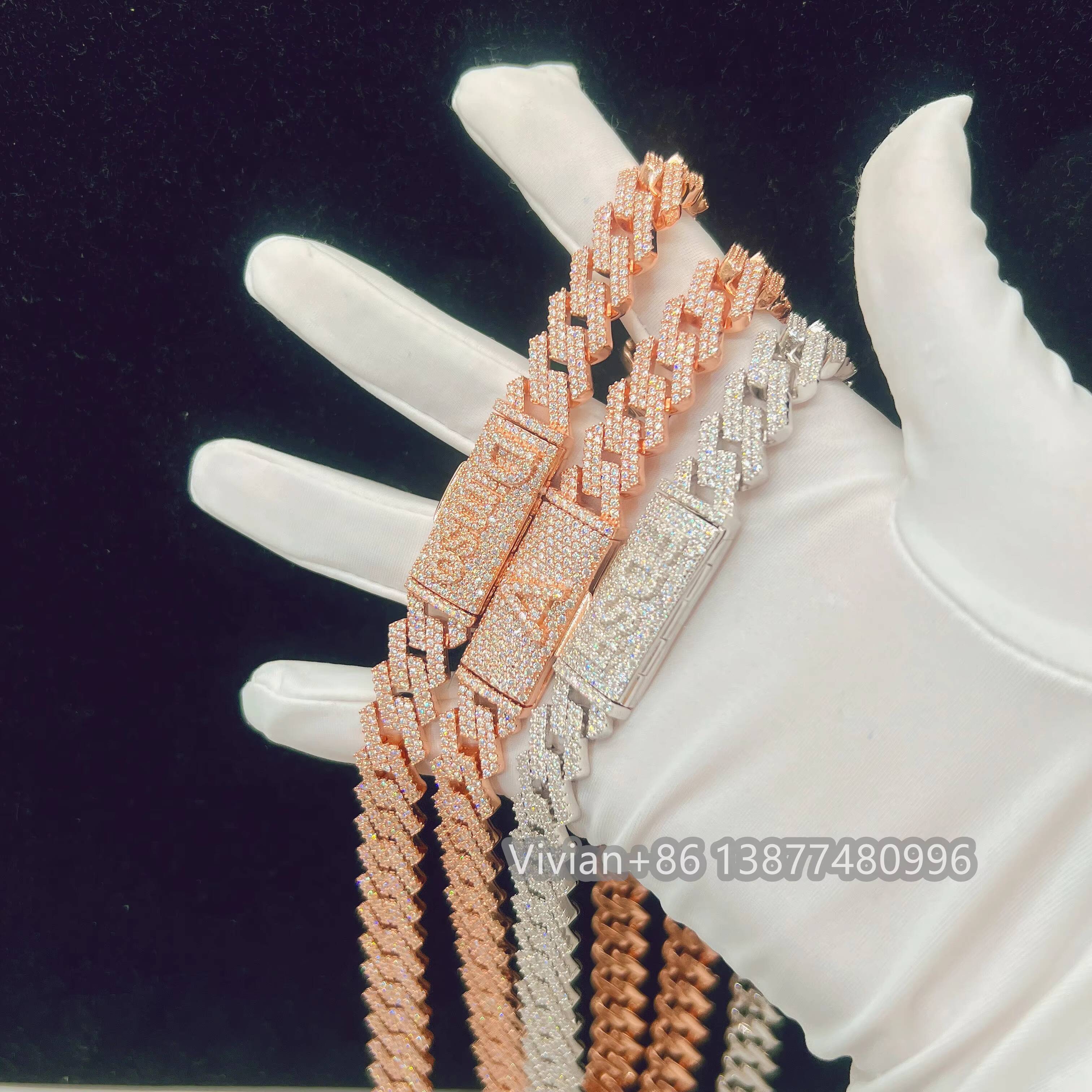 14MM Moissanite Diamond Cuban Chain Custom Clasp for Free Silver 925 Iced Out Hip Hop Jewelry Miami Link Chain