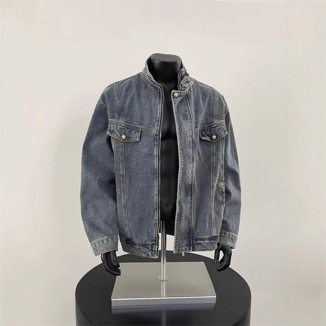 Spring New Men's Denim Jacket Heavy Wash Stand Collar Casual Designer Jacket Loose Trendy American Style High-end Top