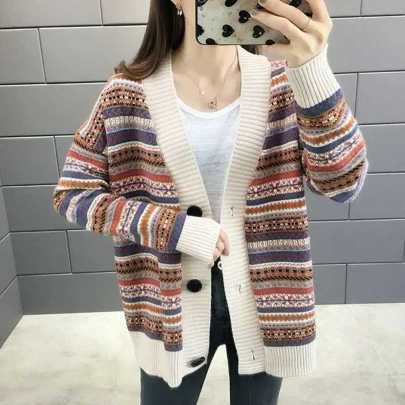 Ethnic Striped Cardigan Womens Autumn and Winter 2023 New Korean Version Loose Sweater Knitwear Elegant Womens CoatT251028