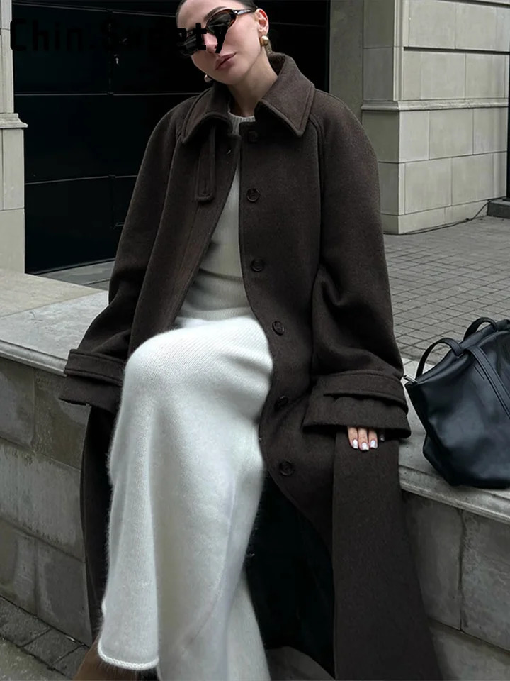 Elegant Brown Lapel Long Woolen Coats Women Stand Collar Hidden Single Breast Lace Up Coat 2025 Autumn Winter Lady Thick Jackets 251029