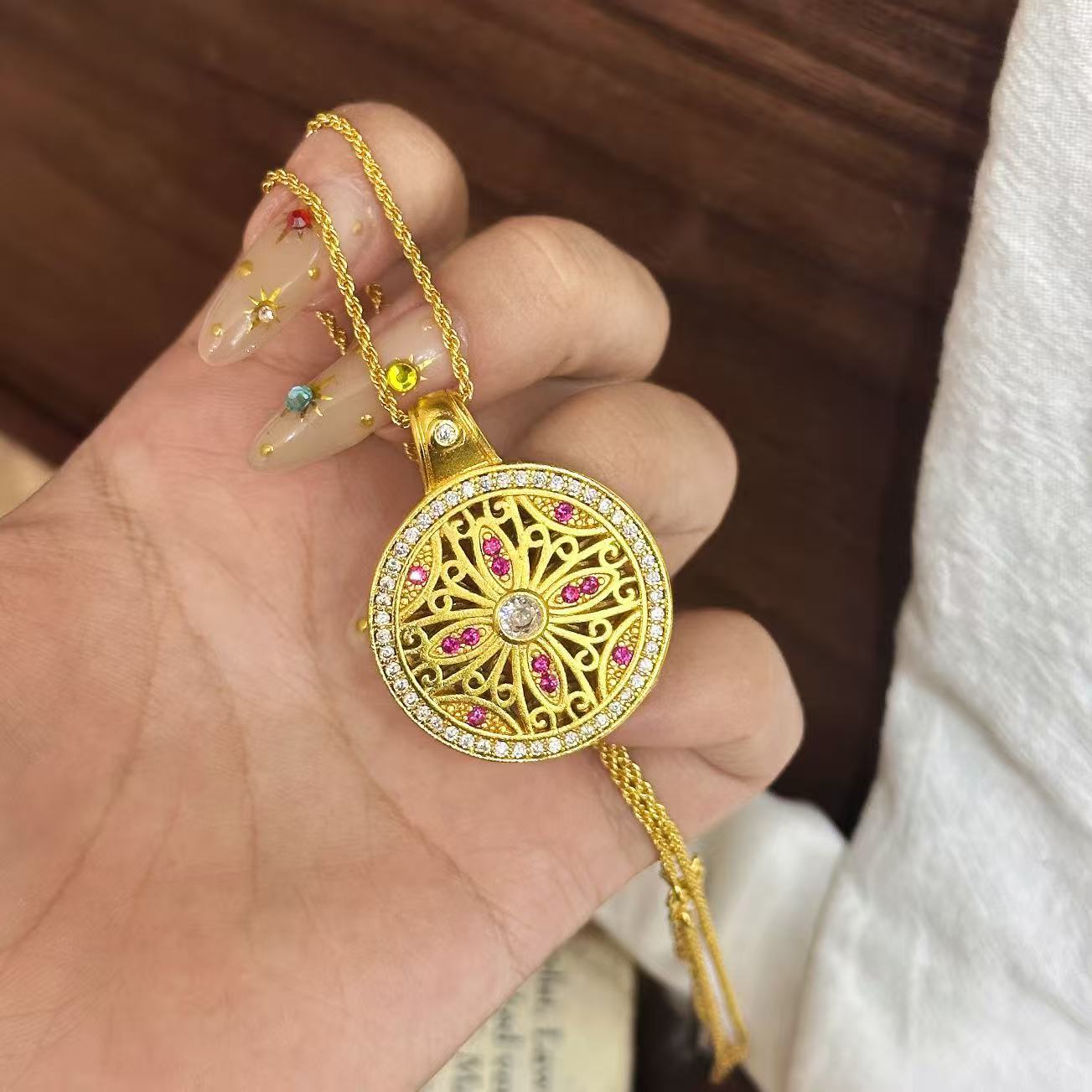 TaiYang New Gold Plated Copper Ancient Gold Sunflower Necklace, Double-Sided Full Pave Compass Pendant with Vintage Finish for Women