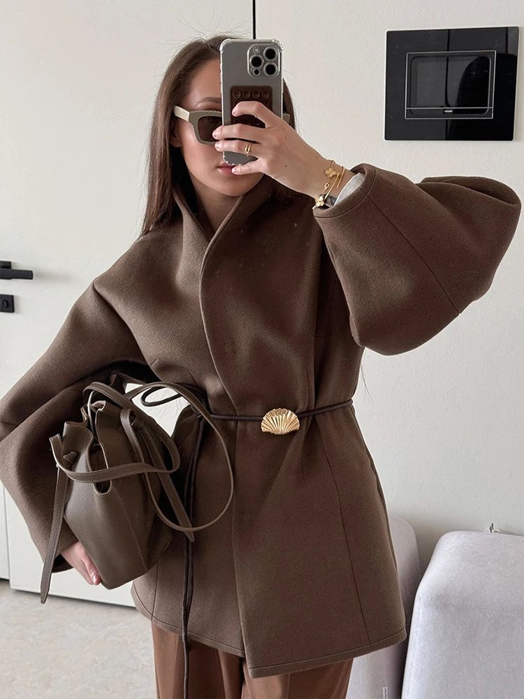Womens Brown Stand Collar Lace Up Jackets Autumn Winter Fashion Slim Fit Long Sleeves Outerwear Daily Commute Lady Street Wear 251028