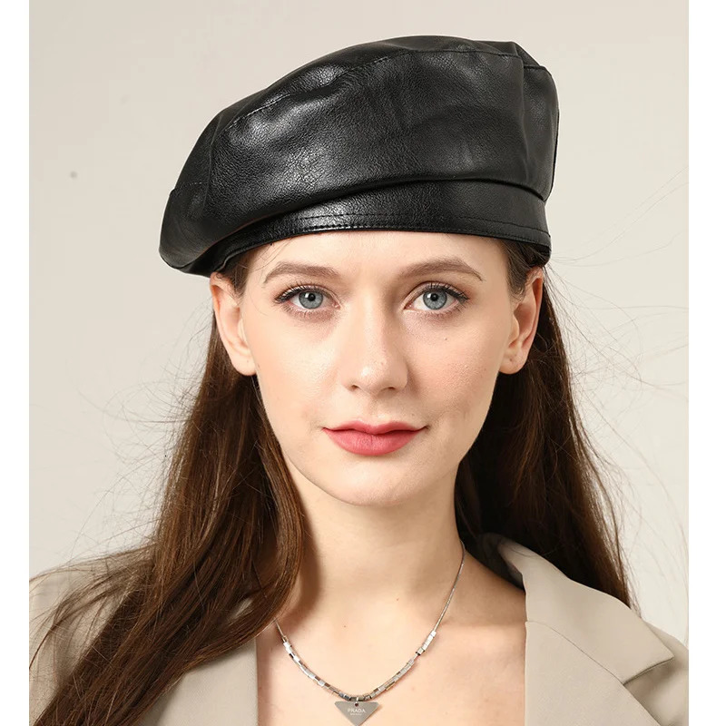 Fashion Girl Leather Beret Beanie Hat Cap Women Plain Beret Hats Solid Color Elegant Lady Artist Caps Belt Beanies 251029