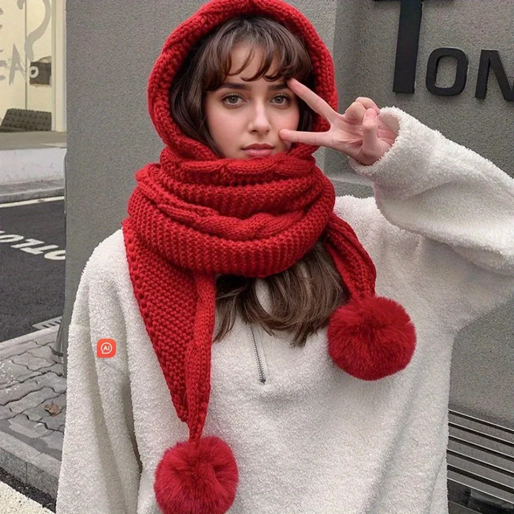 Womens Winter Hat Scarf Set Thermal Wool Pom BeanieBalaclava for Extreme Cold versatile hat with attached scarf knitted hat 251029