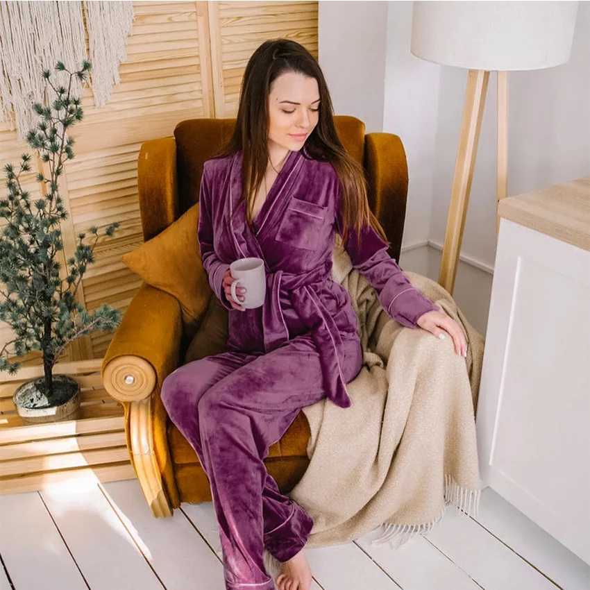 Velvet Women Kimono BathrobePajamas Set pants Winter Autumn Sleepwear Warm Velour Nightwear Long Sleeve Home Clothes LoungewearT251029
