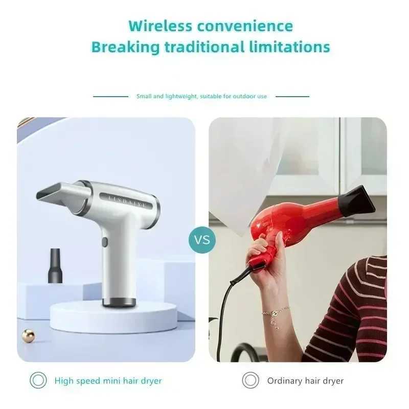 High Speed 000RPM 4 in Wireless Hair Dryer Multifunctional Air Duster Travel USB Rechargeable Only Cold Wind Blow Dryer W251029