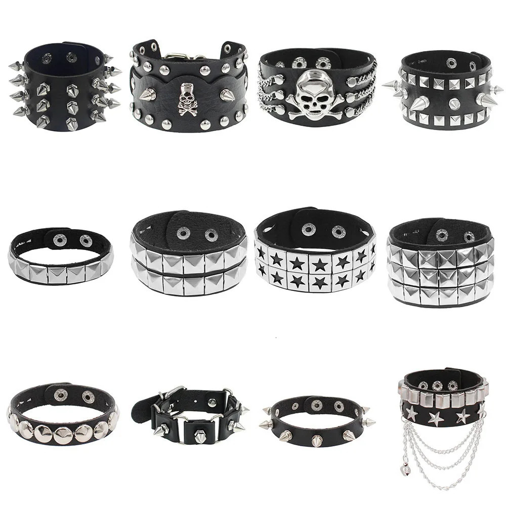 2024 Punk Skull Star Bracelet Personality PU Leather Three Rows Spikes Square Stud Bracelets Bangle For Women Man 251028