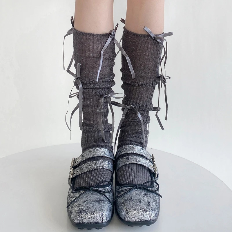 Ballet Style Multi Bowknot Womens Socks Fashion Cotton Elastic High Tube Female Sock Sweet Lolita Bow Calf Socks Solid Colors 251029