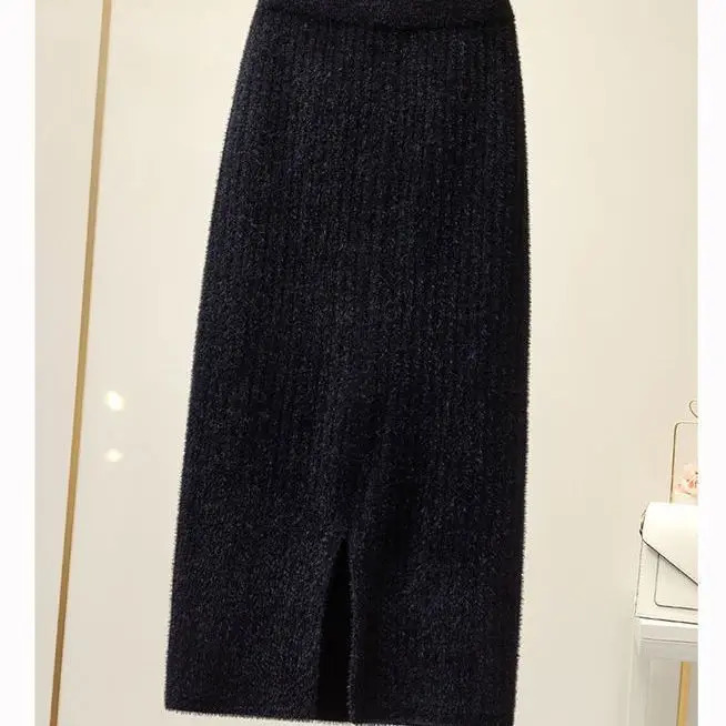 Mink velvet skirt female autumn and winter midlength knitted onestep skirt split straight winter skirt casual solid long skirt 251028