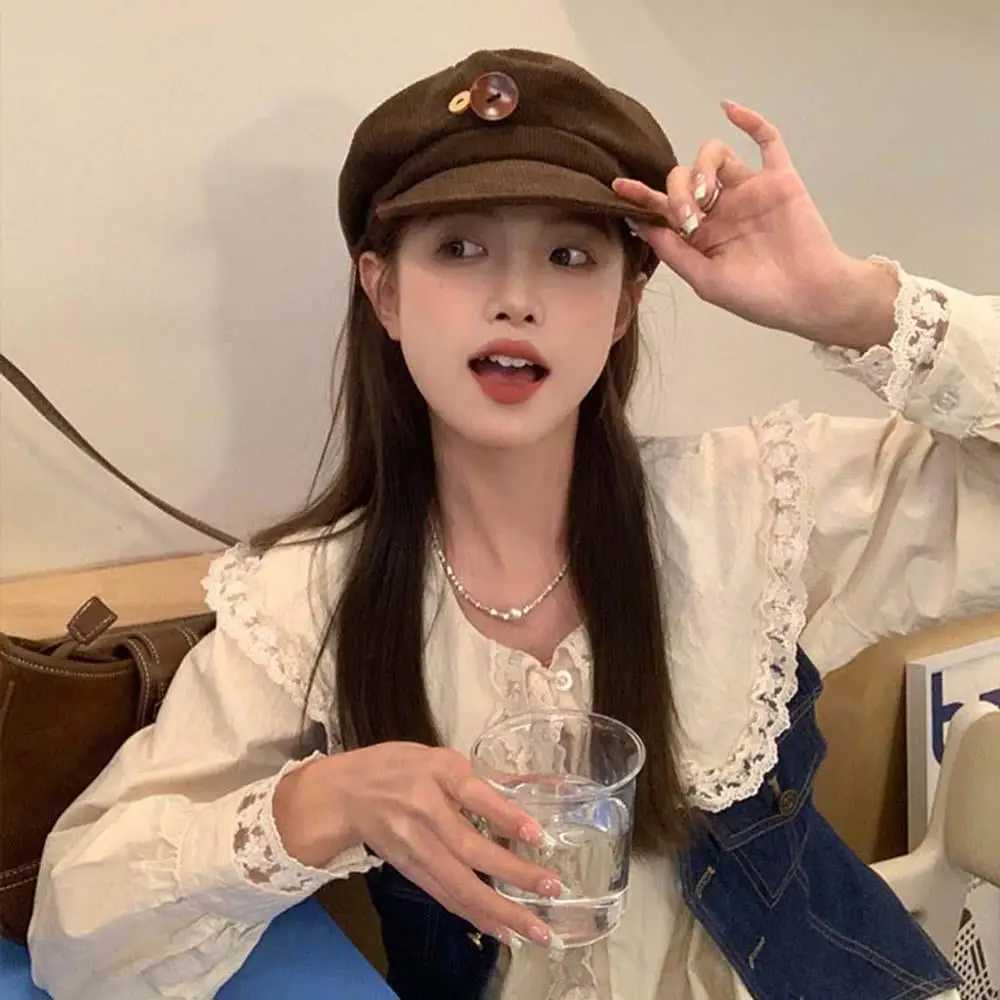 Brown Stripe Peaked Cap Fashion Outdoor Hat Double Button Decor Button Corduroy Item Useful Octagonal Cap Women Newsboy Hat