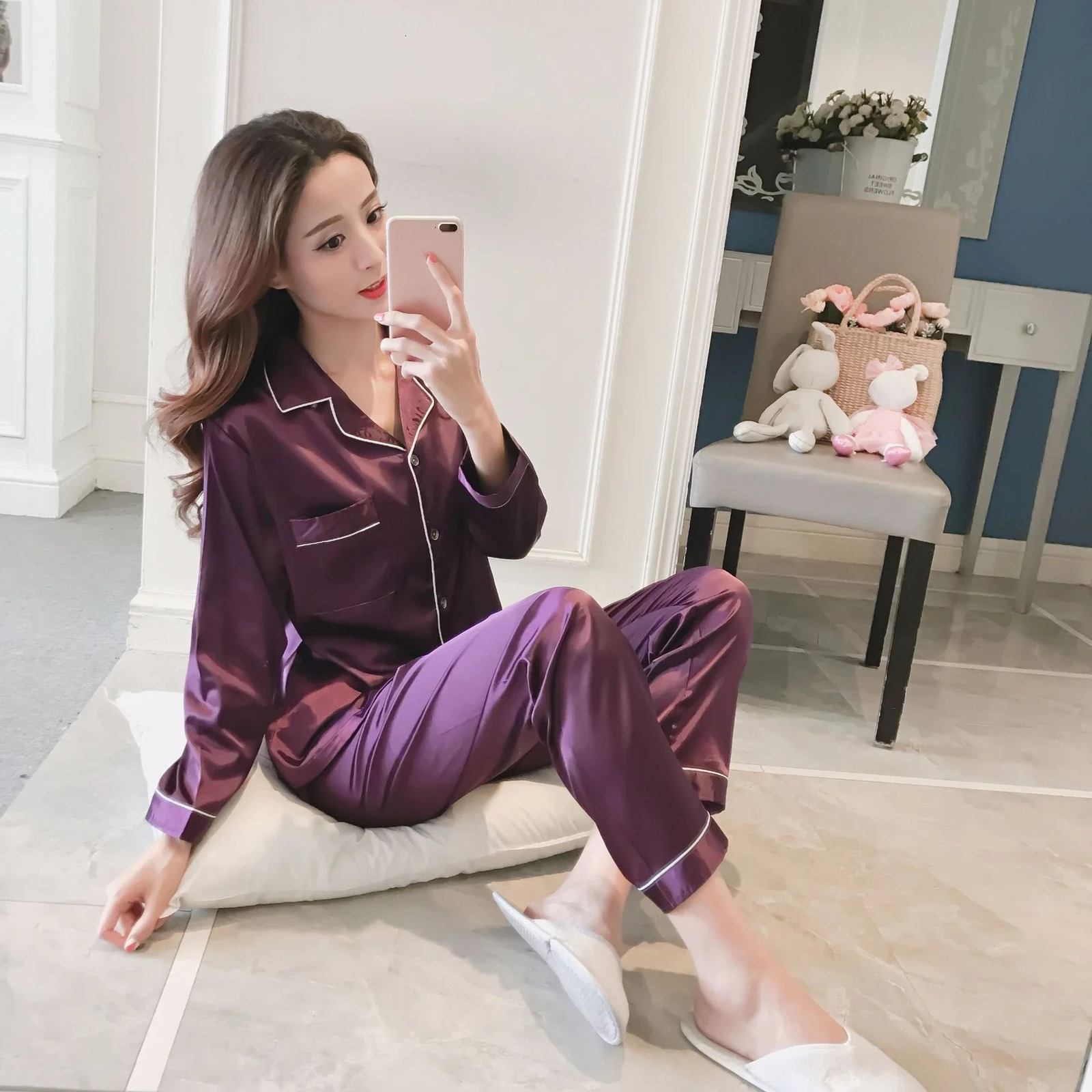 Plus Size 5XL Womens Solid Color Pajamas Set Satin Silk Sleepwear Turndown Collar Pijimas Soft Loose Loungewear Home Clothes 251029