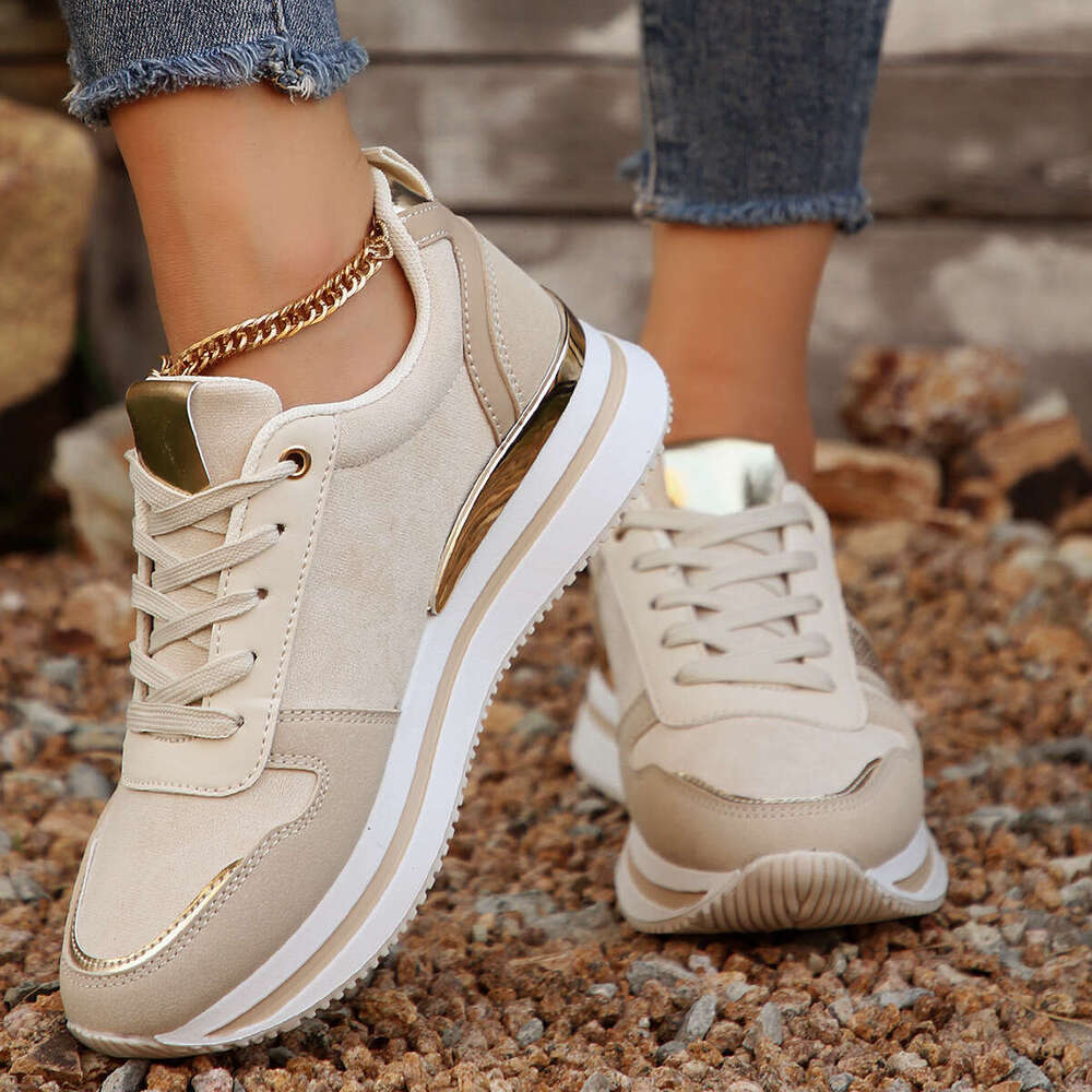 Women's 2025 New Style Retro Designer Shoe Champagne Gold Patchwork Shiny Rhinestone Breathable Height Increasing Slimming Trendy Sports Casual S