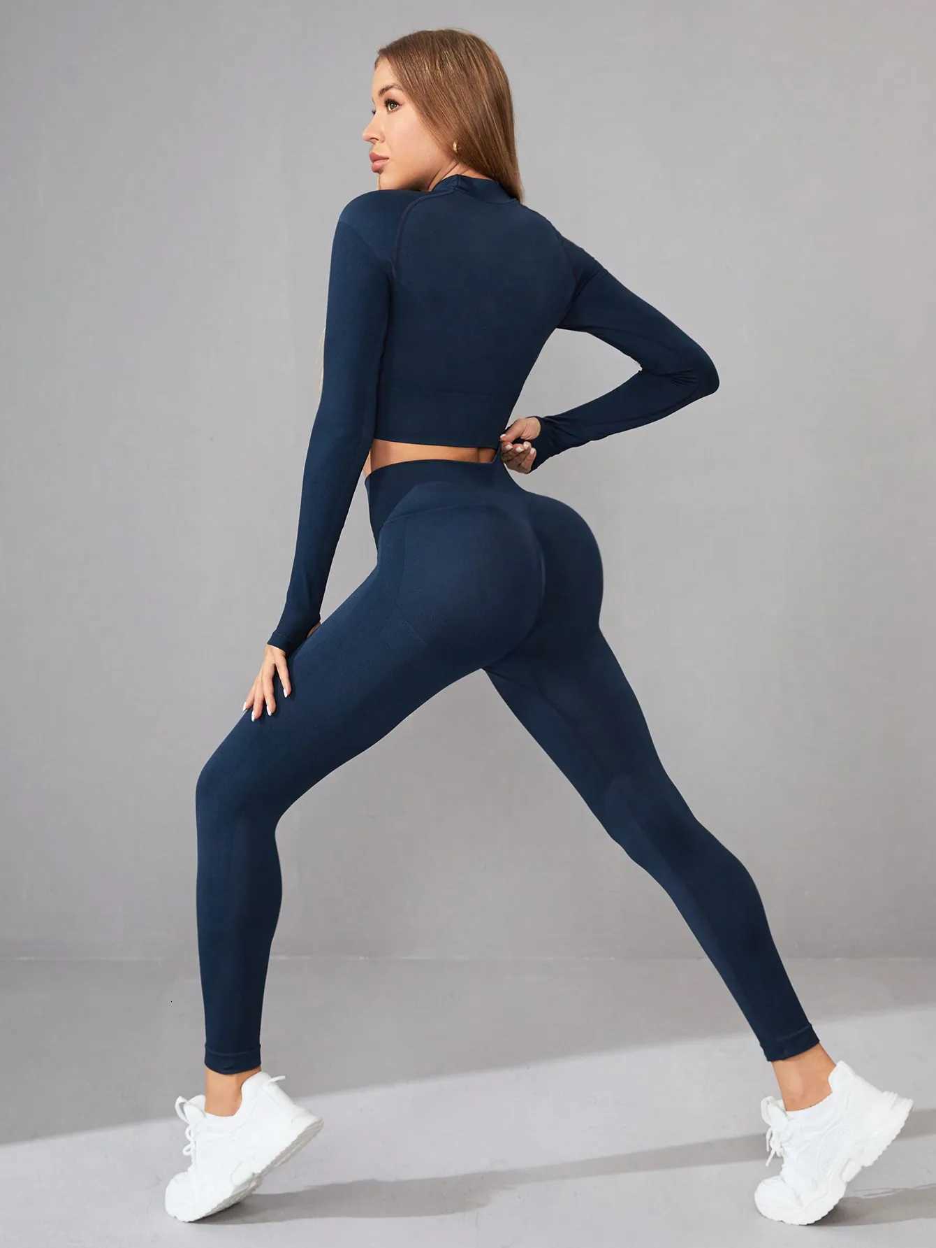Women 2 Piece Workout Sets Hidden Scrunch Butt Lifting Seamless Leggings Long Sleeve Yoga Crop TopsXJ251029