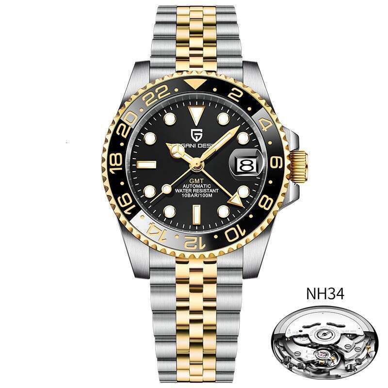 New GMT Full Luminous Men's Fully Automatic Mechanical Watch Stainless Steel Calendar Movement NH34A Wristwatch