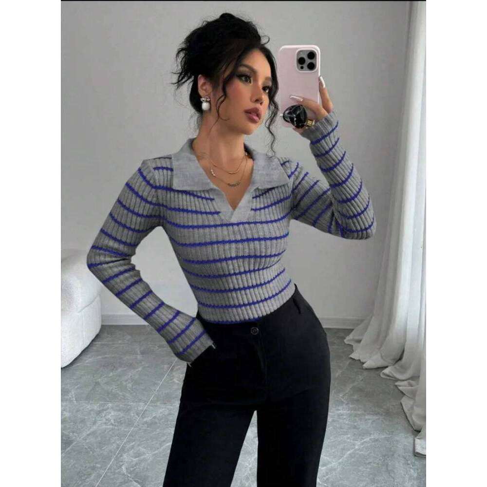 Miyouj Stripe Pullover Sweater New Underlay Clothes Women's Autumn Underwear Slim Style Popular V-Neck Sweaters