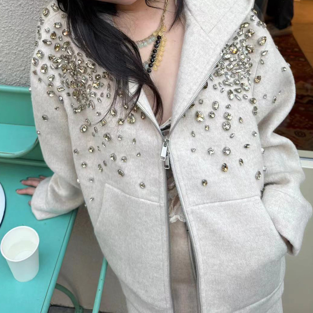 New autumn and winter designer heavy-duty craft diamond inlaid double-sided hooded sweatshirt jacket suitable for women's fashionable hooded swea