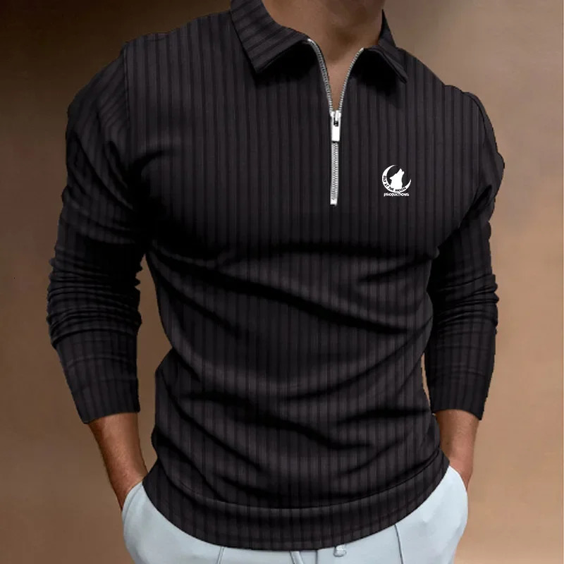 Men Clothes Long Sleeve Zipper Stripe Polo Shirt Casual Tops Fashion Slim Sport 251016