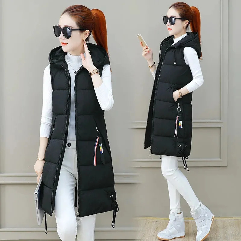 Autumn Winter Women Long Parkas Vest Warm Hooded Down Coat Parka Ladies Sleeveless Waistcoat Jacket Outwear 251029