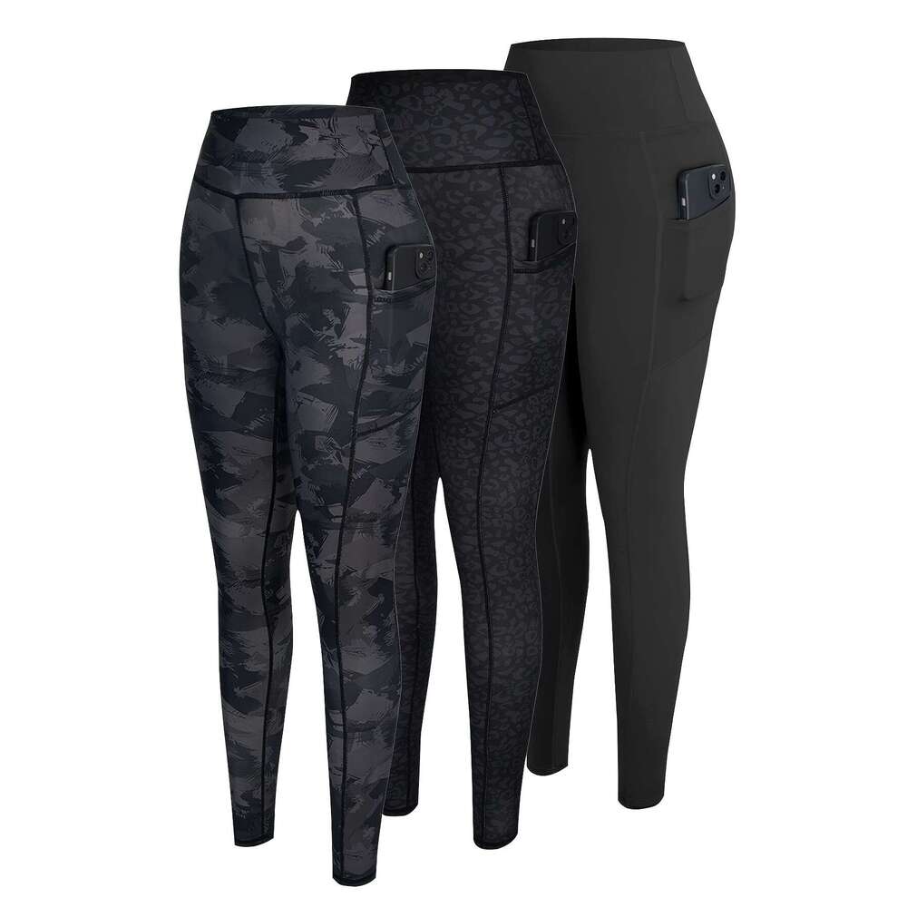 3-Pack Women'S High-Waisted with Side Pockets Non-Slip Grip, Stretchy Workout Leggings Gym, Running, Everyday All-Season Fiess Pants in Black/Gra