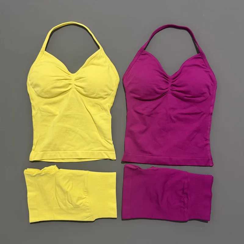 2 Piece Histello Sports Set Women Longline Strappy Top Seamless Yoga Tank Scrunch Butt Workout Shorts Suit Gym Sports SetsXJ251029