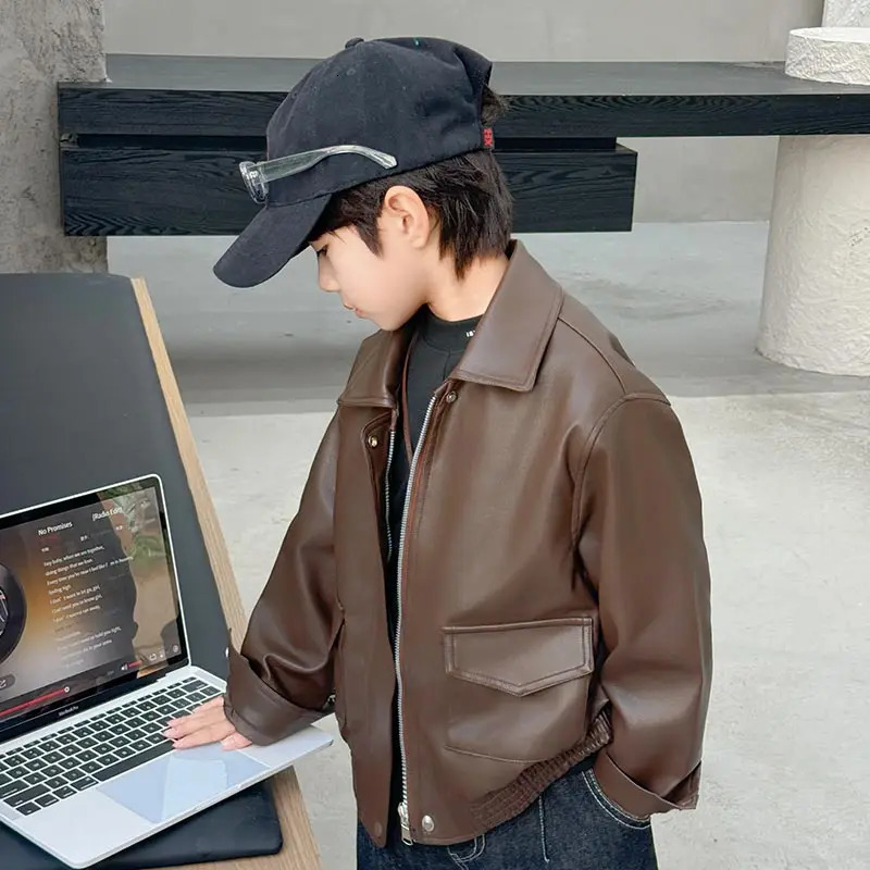 Korean Boys Faux Leather Jacket Kids Stylish Solid Brown Color Artificial PU Coat Child High Fashion Autumn Outfit Age 5 To 14Y 251028