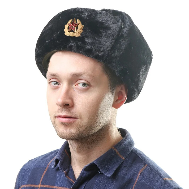 CAMOLAND Russian Ushanka Bomber Hats For Women Men Soviet Army Military Badge Winter Hat Thermal Faux Fur Earflap Snow Caps 251013