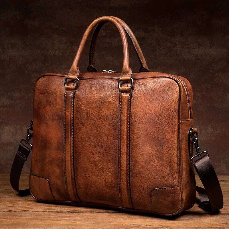 Casual briefcase horizontal men's baotou leather handbag retro trend one-shoulder messenger handmade bag
