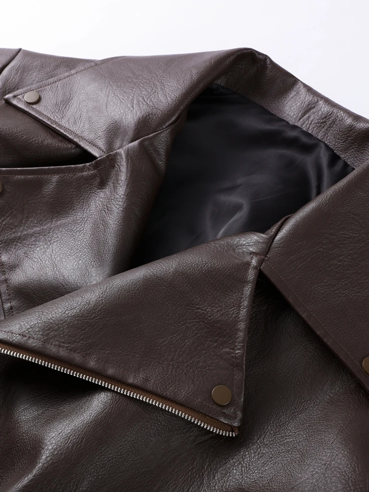 Vintage Pu Leather Womens Jackets Retro Loose Turndown Collar Full Sleeve Female Coat Spring High Street Ladies Outerwears 251029