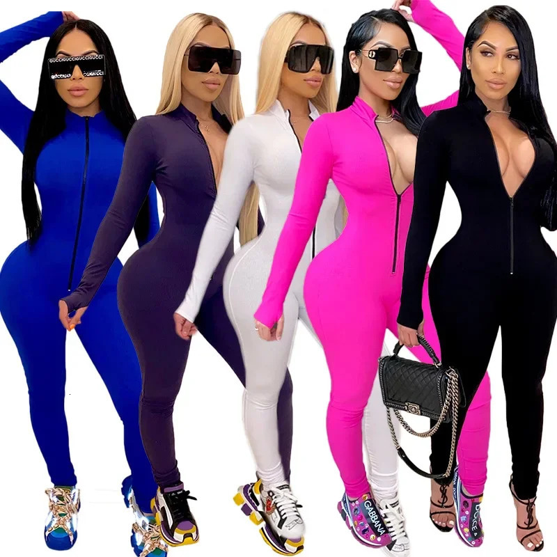 Sexy Solid Color Long Sleeve Deep V Bodycon Rompers Womens Jumpsuit Sport Suit Fashion Zip Up Pants Overalls Fitness Set 251029