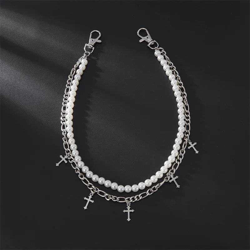 Vintage Punk Pearl Cross Pants Waist Chain Men Cool Jeans Keychain Wallet KeyChains Gothic Biker Accessories 251021