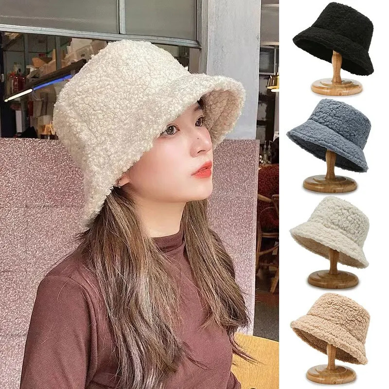 Unisex Harajuku Bucket Hat Solid Men Fishing Fisherman Hat Autumn Winter Lamb Wool Outdoor Warm Panama Cap For Women 251029