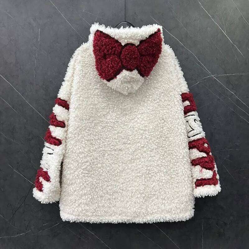 Autumn Winter Heavy Industry Cartoon Lamb Wool Hooded Sweatshirt Jacket For Women's Loose Sweet Y2k Style Top Zipper Coat