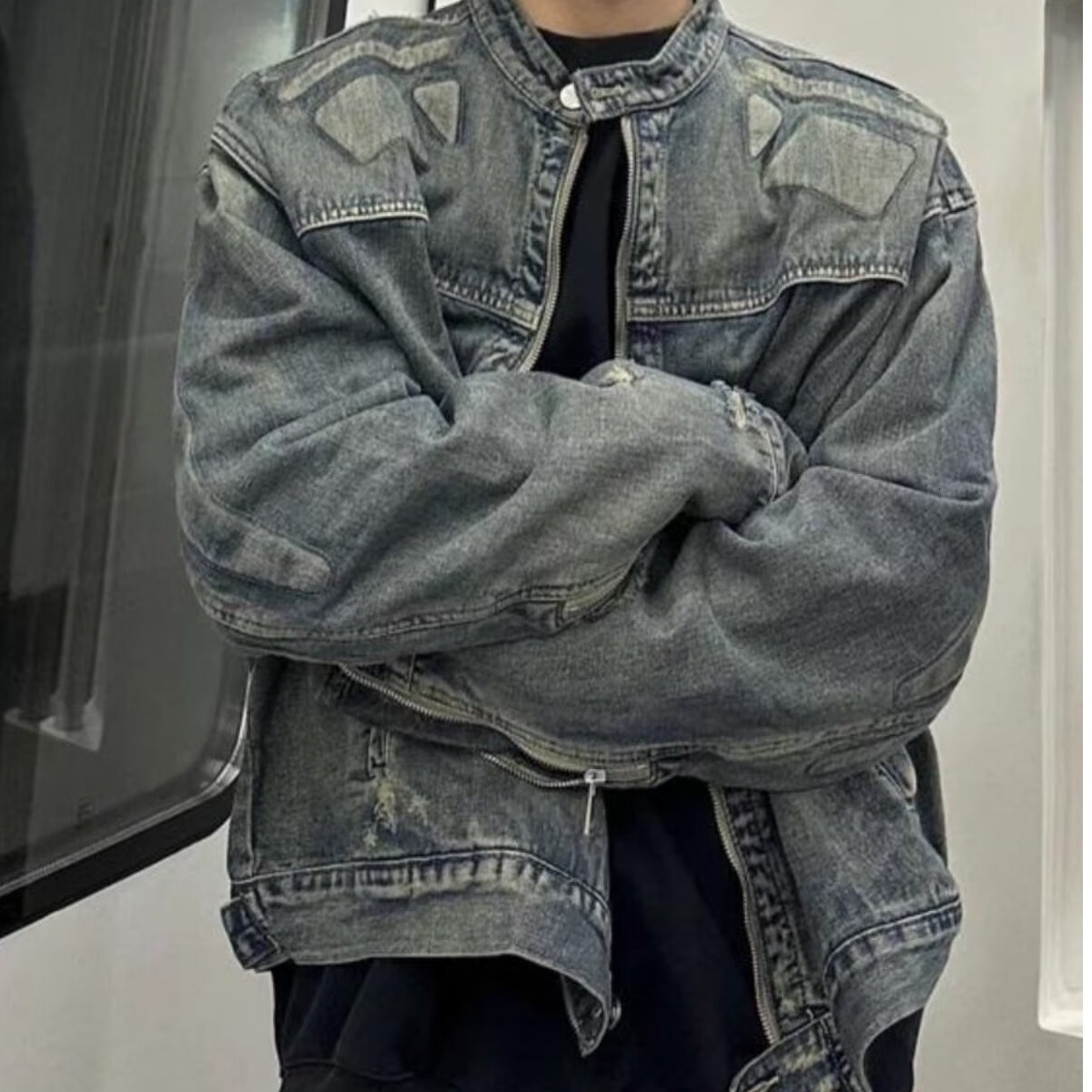 New American Style Designer Jacket Washed Vintage Spring Autumn Denim Jacket For Men Loose Stand Collar Casual Zipper Jacket Top