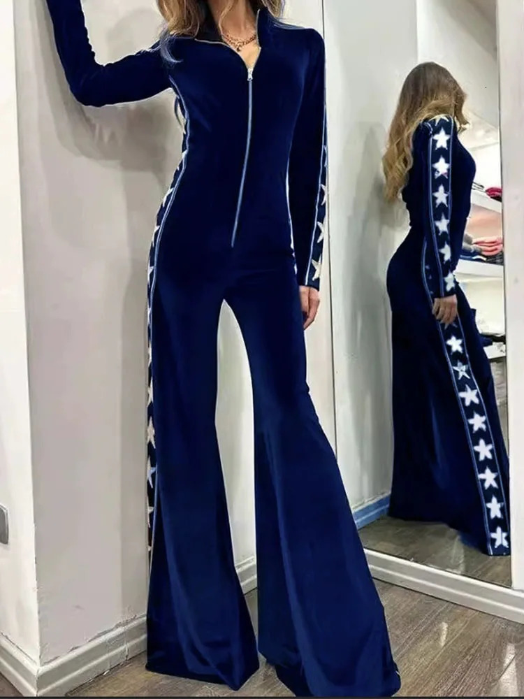Lady Fashion Hight Waist Slim Velvet Romper Casual Long Sleeve Print Splicing Jumpsuit Elegant Vneck Zipper Solid Playsuit 251028