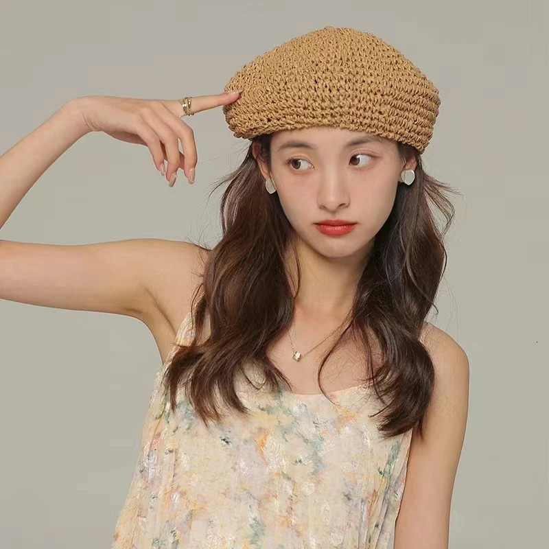 Summer Solid Color Beret For Women Ins Straw Crochet Fashion Hat Female Cool Cap Outdoor Spring Hat Boina Gift 251029