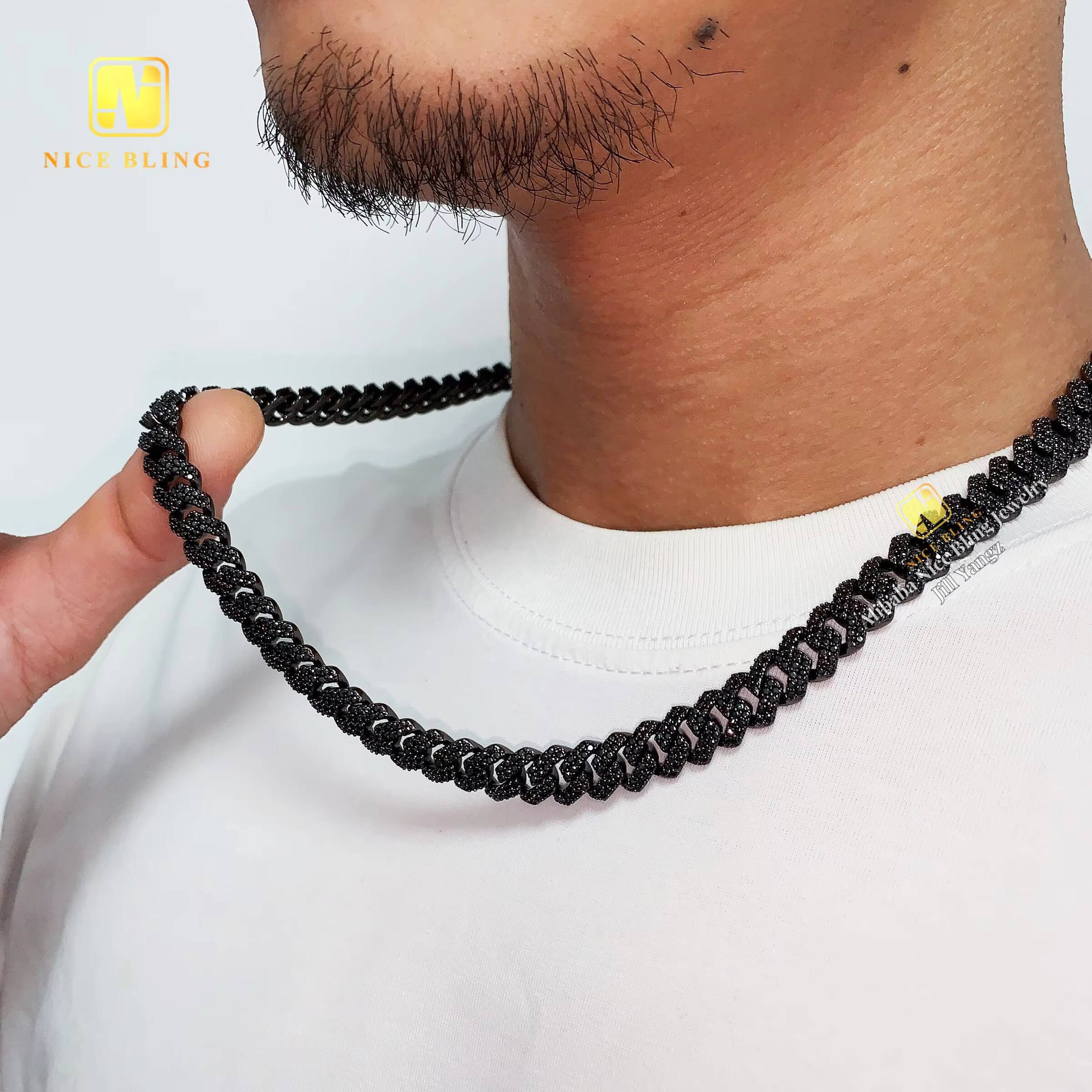 Trending Products 2025 Black Moissanite Cuban Chain 10mm 925 Silver Necklace Iced Out Cuban Link Chain Black Rhodium Plated
