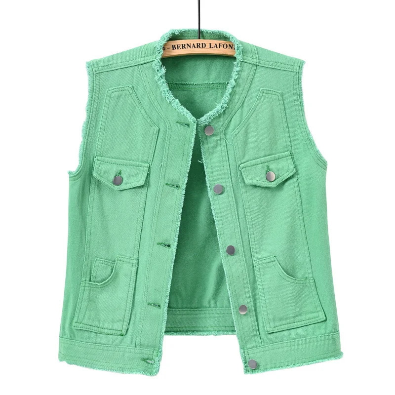 Autumn Women Denim Vests Sleeveless Waistcoat Students Casual Sleeveless Tops Jeans Jackets Pink Yellow White Orange Green 5XL 251029