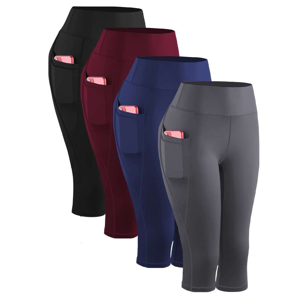 4Pcs Plus-Size Women's Capri Yoga Leggings - High-Waist, Stretchy Compression Fiess Pants With Side Pockets, Breathable Knit Fabric In Black, Nav