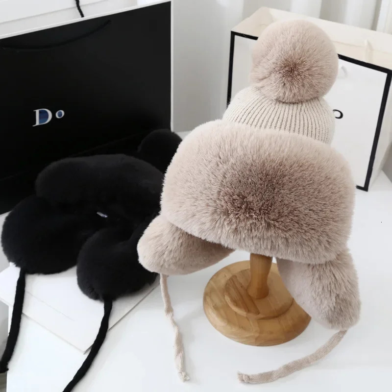 Autumn And Winter Lei Feng Hat For Women Fashion Trapper Earflap Ski Cap Female Thick Warm Beanie Hat Fur Pompom Russain Hats 251029