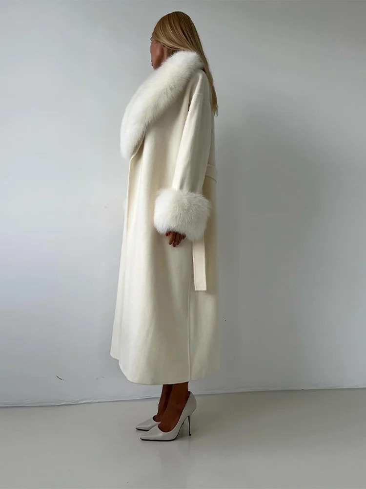 LaceUp Long Overcoat Womens Coat Office Lady Elegant Woolen Furry Patchwork Sleeve Coats Loose Cardigan Jackets 251028