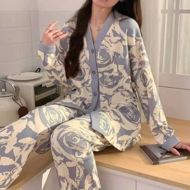 Autumn Winter Pajama Women Cute Sweet Knitted Cotton Long Sleeve Cardigan Plus Size Set Ladies Daily Comfort Pajamas Home WearT251029