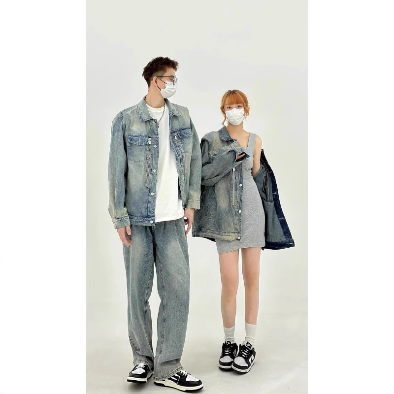 2025 American Heavy Industry Washed Straight Shoulder Padded Designer Jacket Denim Jacket For Men And Women Spring New High-end Trendy Top