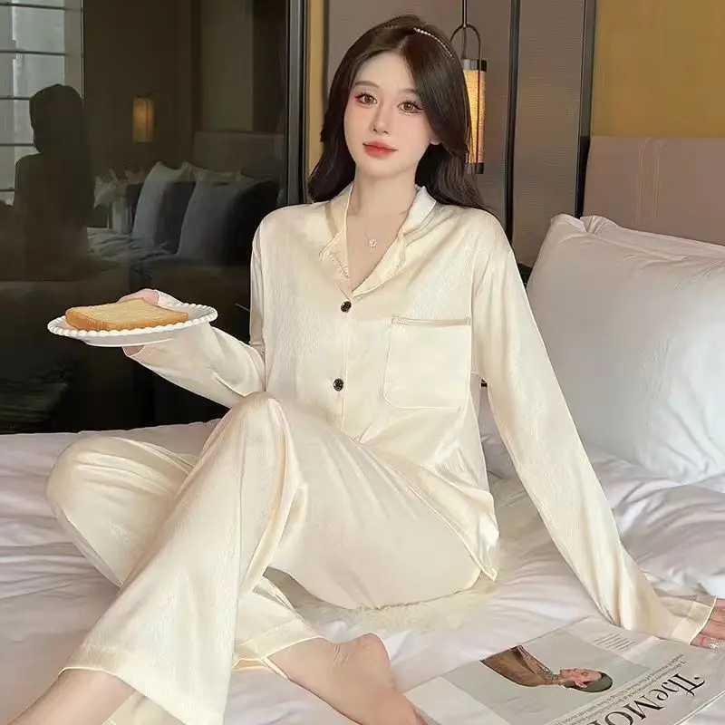 Autumn and Winter Longsleeved Long Trousers Pajamas Female Ice Silk New Silk Cartoon Cherry Print Homewear Suit Women PajamaT251029