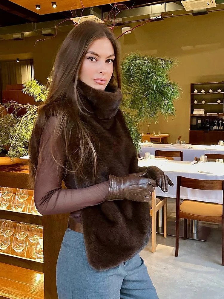 Women Casual Faux Fur Vest Chic Solid High Collar Sleeveless Loose Waist Coat Lady Fashion Daily 2025 High Street Vests 251029